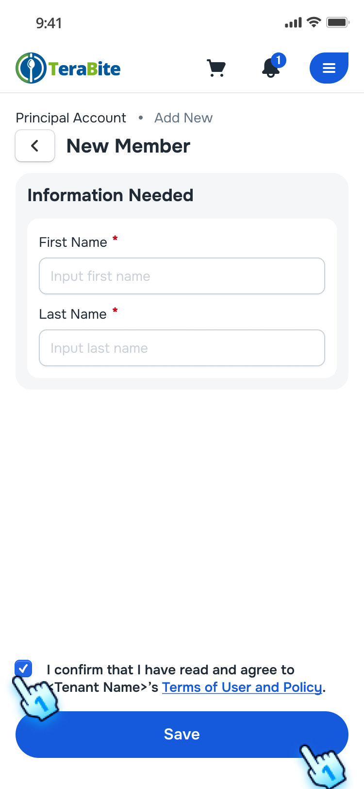 Enter First name and Last name, and check box to aggree with Term and Condition