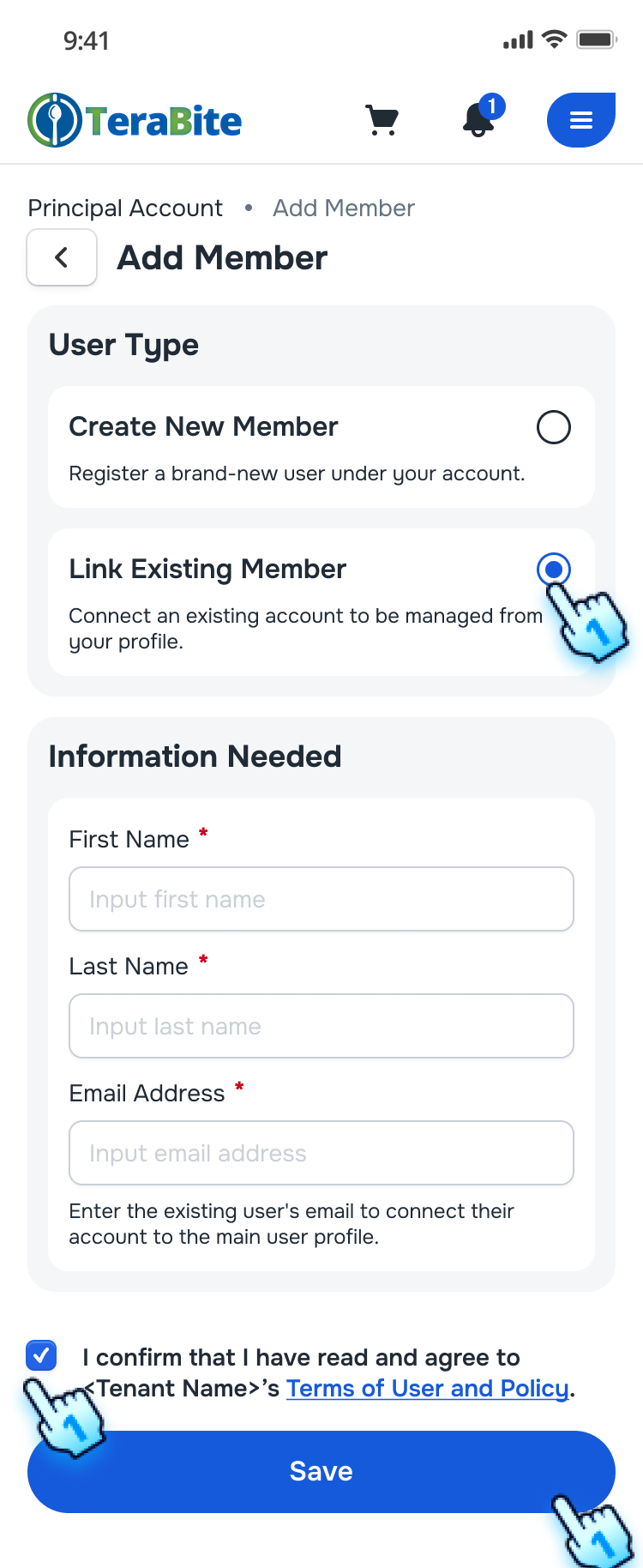 Select "Link Existing Member", Fill the required information, Check confirmation and Tap on Save button
