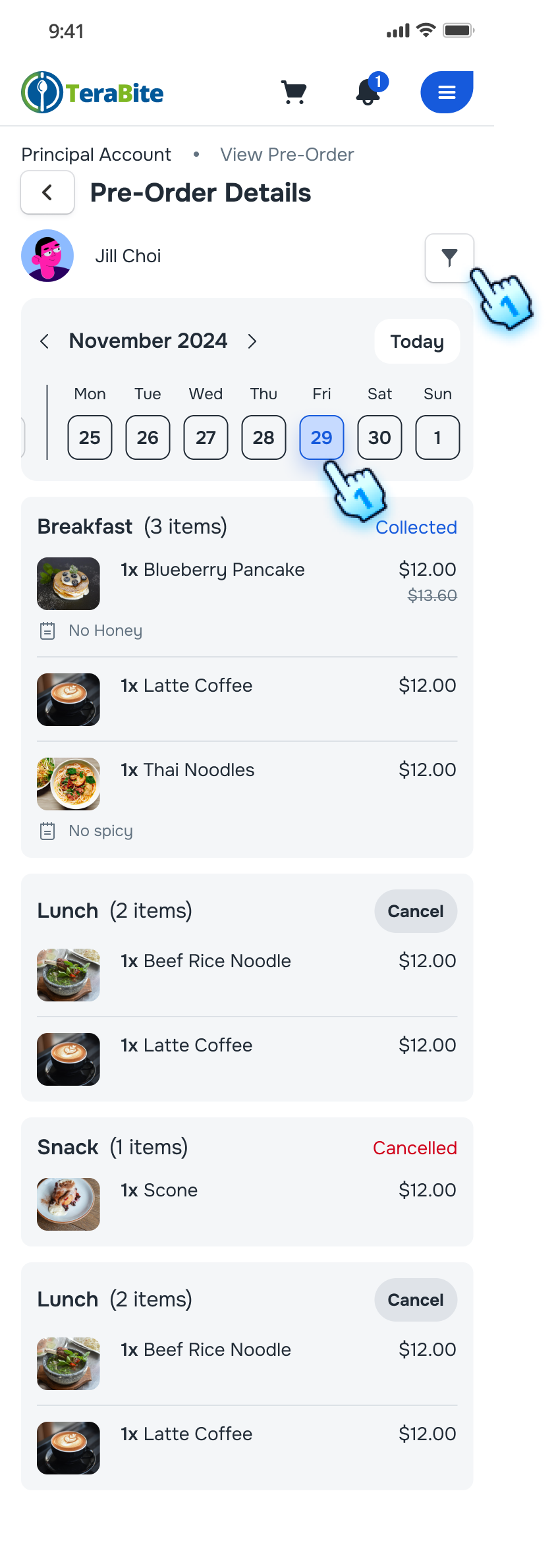 View the pre-order list with Date Picker and Filter button