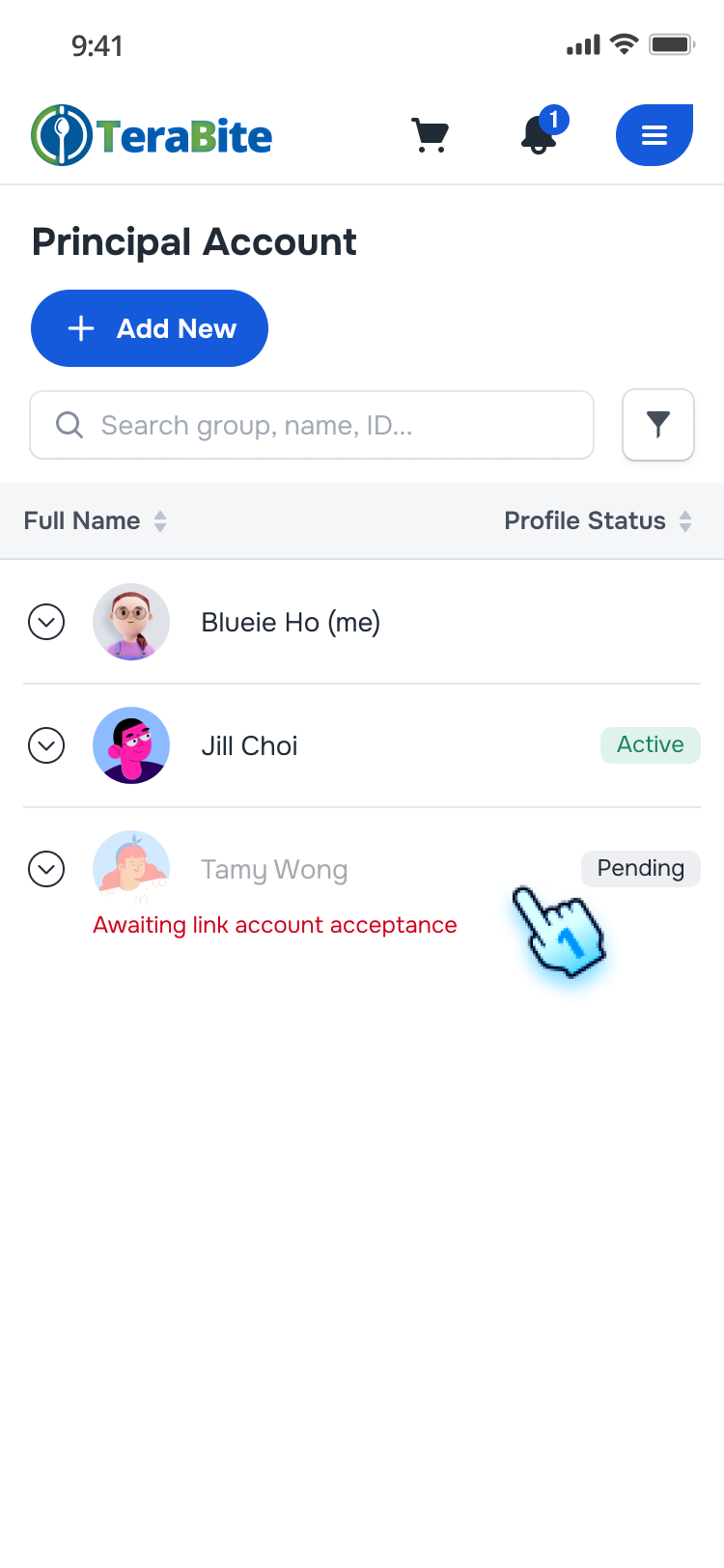 Invitation is sent and The invited account is dipslayed in the list with pending status