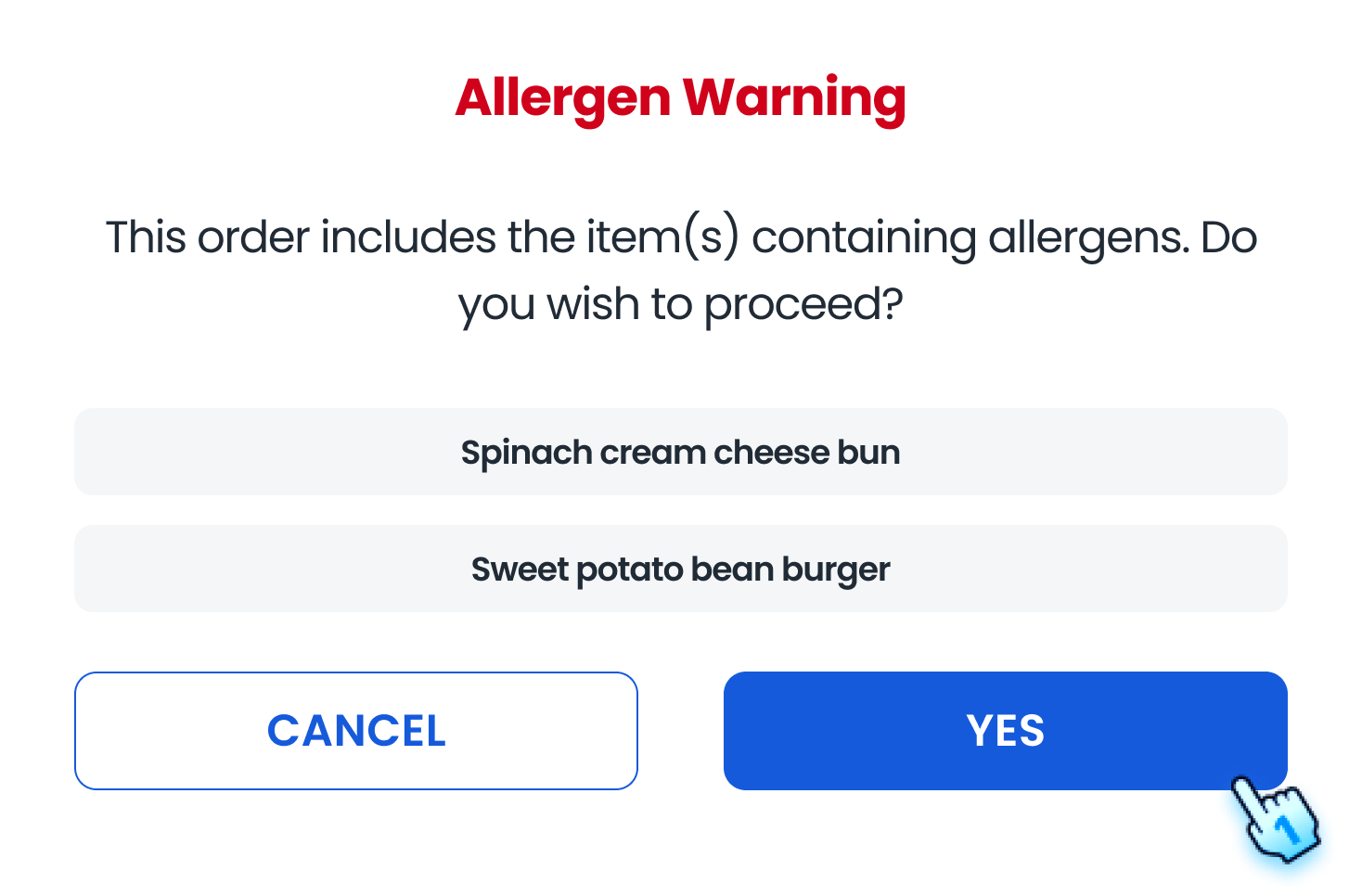 Allergen warned on POS display and Tap Yes button to continue