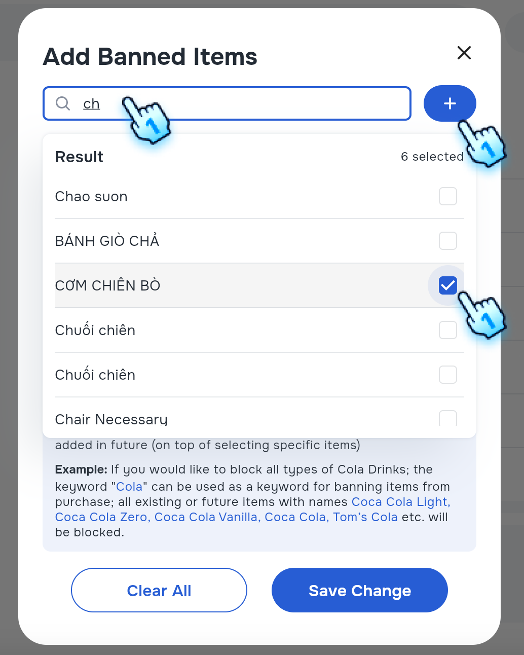 Search and Check on Items to ban or Click "+" button to ban by Custom Product Keyword
