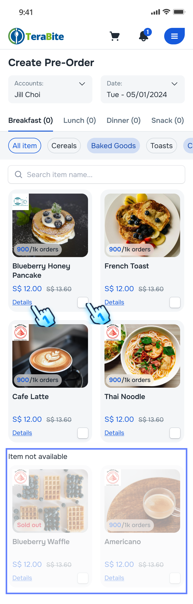 Tap on check box to add to cart and Tap on "Detail" button to view details. *Note: Unavailable items are greyed out