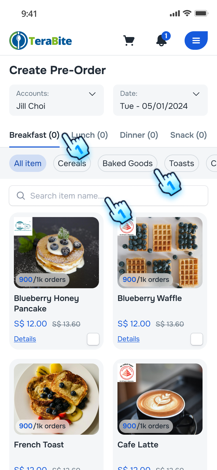 Filter by Mealtime, Category, and/ or search by item name