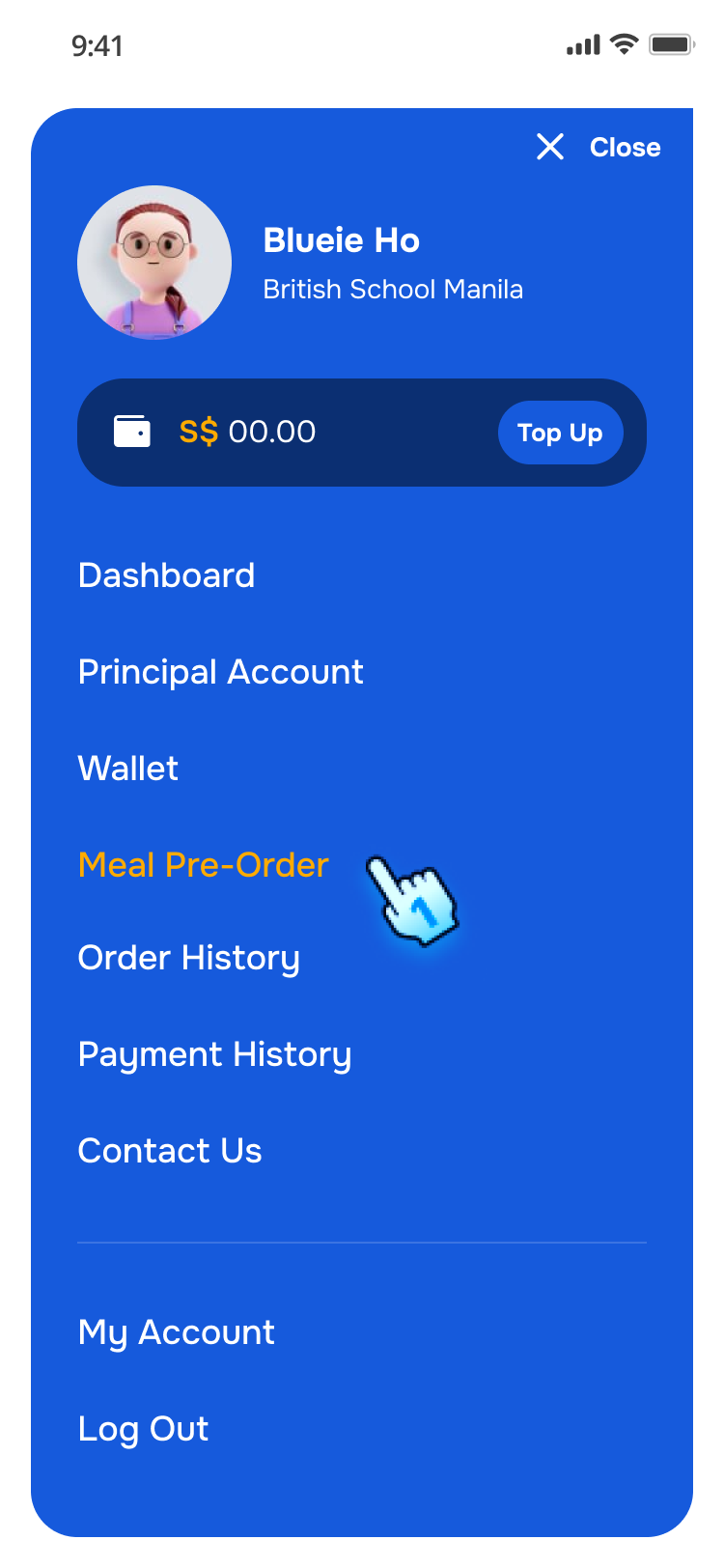 Navigate to Meal Pre-order account from Menu